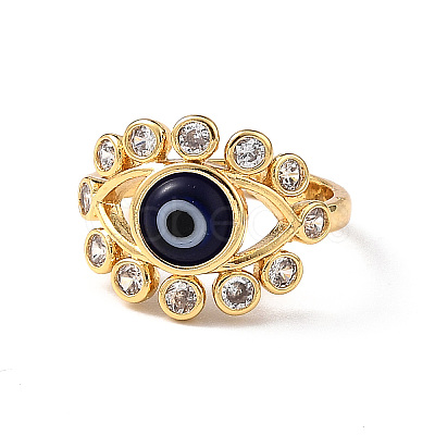 Lampwork Evil Eye Open Cuff Ring with Clear Cubic Zirconia RJEW-L104-03G-01-1