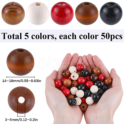 250Pcs 5 Styles Round Natural Wood Beads WOOD-SP0001-13-1