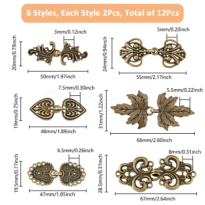 SUPERFINDINGS 12Sets 6 Styles Tibetan Style Zinc Alloy Hook Button FIND-FH0009-29-1