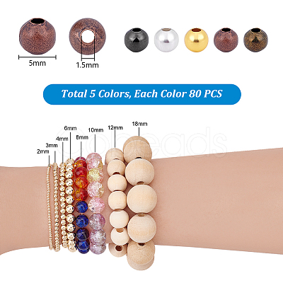 400Pcs 5 Colors Brass Smooth Round Beads KK-PH0010-74-1