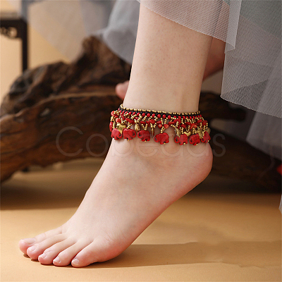 Bohemian Dyed Synthetic Turquoise Elephant & Brass Fish Heart Beaded Tassel Anklets for Women FS-WG11539-06-1