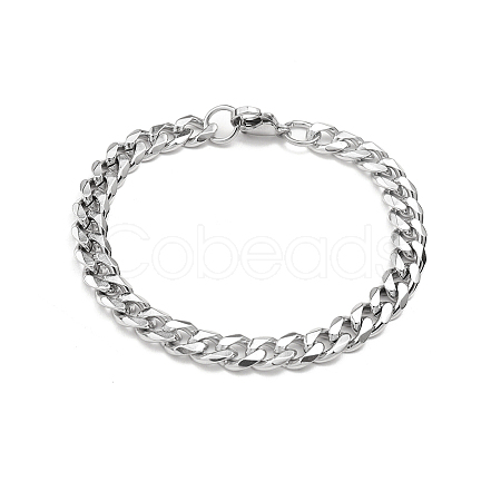 Tarnish Resistant 201 Stainless Steel Curb Chain Bracelets with Lobster Claw Clasps for Men BJEW-P316-01B-P-1