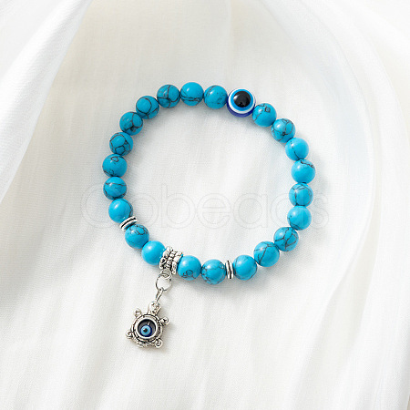 Synthetic Turquoise Stretch Bracelet with Evil Eye Charms SM1499-6-1