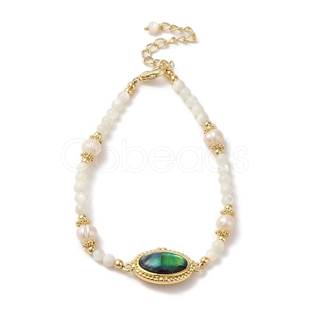 Natural Paua Shell Oval Link Bracelet with Pearl Beaded BJEW-C051-37G-1