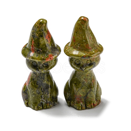 Natural Unakite Carved Healing Cat with Witch Hat Figurines DJEW-D012-07H-1