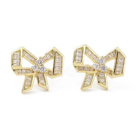 Bowknot Rack Plating Brass Cubic Zirconia Stud Earrings for Women EJEW-K245-07G-1