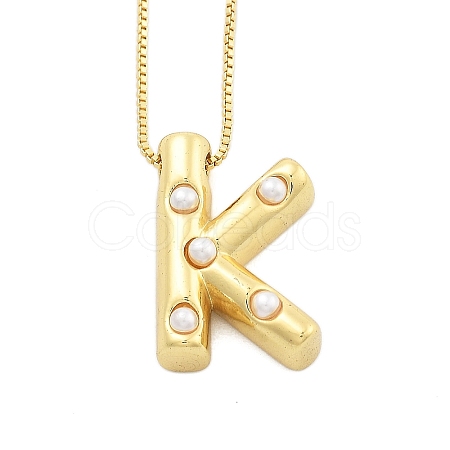 Brass & Plastic Pearl Letter Pendant Box Chain Necklaces for Women NJEW-U017-01G-11-1