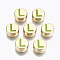 Alloy Enamel Beads, Cadmium Free & Lead Free, Flat Round with Initial Letters, Light Gold, Yellow Green, Letter.L, 8x4mm, Hole: 1.5mm