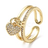 Cubic Zirconia Heart Charms Open Cuff Rings RJEW-M154-02G-3