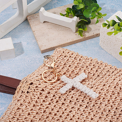 Cotton Cord Cross Keychains AJEW-TAC0031-03C-1
