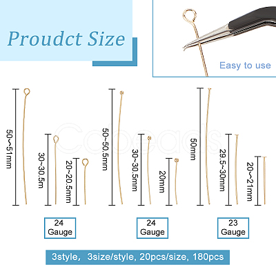 BENECREAT 180Pcs 9 Style Brass Eye Pin & Ball Head & Flat Head Pins KK-BC0009-18-1