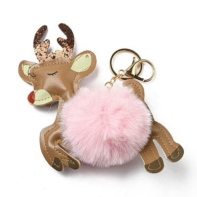 Imitation Rex Rabbit Fur & PU Leather Christmas Reindeer Pendant Keychain KEYC-K018-02KCG-02-1