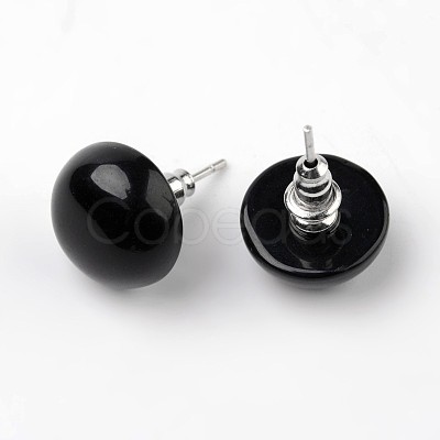 Half Round Dome Natural Dyed & Heated Black Agate Stud Earrings EJEW-L171-07-1