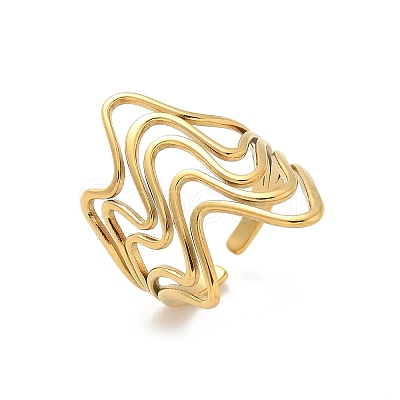Ion Plating(IP) 304 Stainless Steel Wave Open Cuff Ring for Women RJEW-M025-01G-1