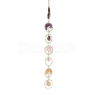 Flat Round with Tree of Life Natural Gemstone Chips Chandelier Hanging Suncatcher AJEW-Q143-03-1