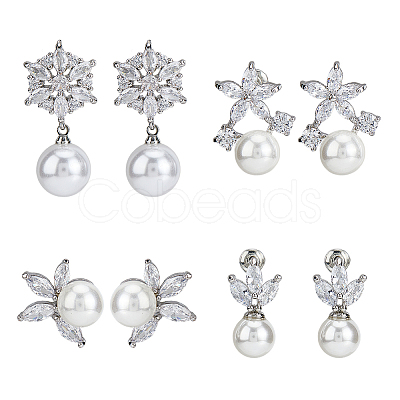 FIBLOOM 4 Pairs 4 Style Brass Micro Pave Cubic Zirconia Stud Earrings with Plastic Imitation Pearls EJEW-FI0003-11-1