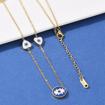 304 Stainless Steel Blue & White Enamel Evil Eye Link Chain Long Necklaces NJEW-V001-02G-1