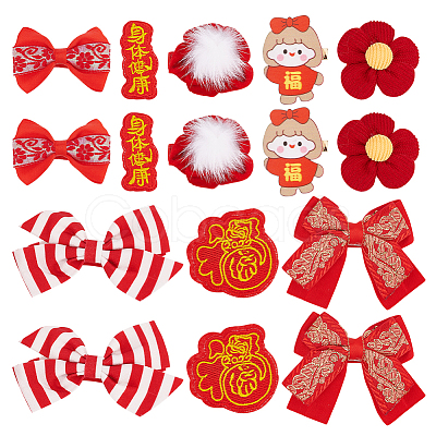 Chinese New Year Bowknot Flower Cloth Alligator Hair Clips Set OHAR-WH0021-31B-1