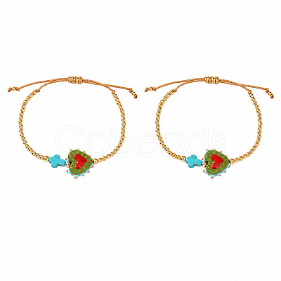 2Pcs 2 Colors Dyed Synthetic Turquoise Cross and Glass Heart Braided Bead Bracelets for Women PE0777-7-1