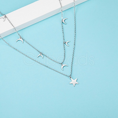 Elegant Double-layer 304 Stainless Steel Moon Star Pendant Necklaces for Women LZ1319-2-1