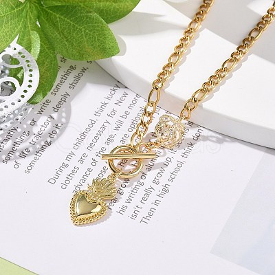 Heart & Rose Brass Pendant Necklace 304 Stainless Steel Chains for Women NJEW-JN04088-1