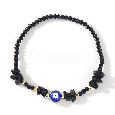 Natural Obsidian Chip & Brass Evil Eye & Glass Beaded Stretch Bracelets for Daily Wear PI9480-9-1