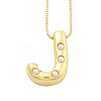 Brass & Plastic Pearl Letter Pendant Box Chain Necklaces for Women NJEW-U017-01G-10-1
