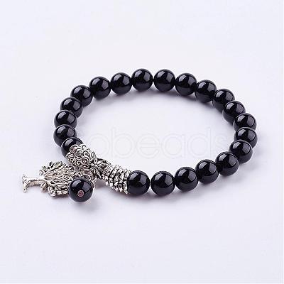 Natural Dyed & Heated Black Agate Stretch Bracelets BJEW-F262-A05-1