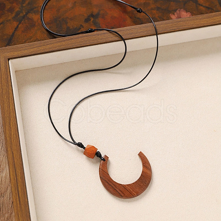 Wood Pendant Black Wax Cord Long Necklaces for Women FS-WG36920-10-1