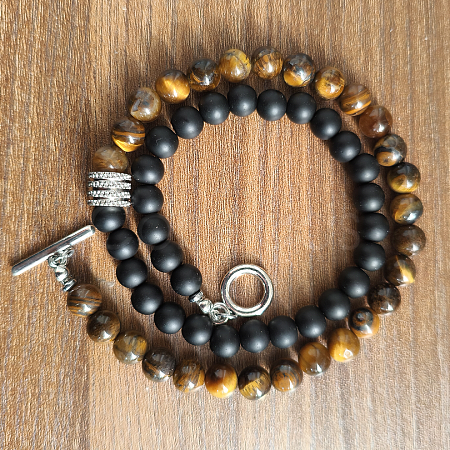 6mm Natural Obsidian & Tiger Eye Round Beaded OT Necklaces for Men Women LS-DT8400-1-1