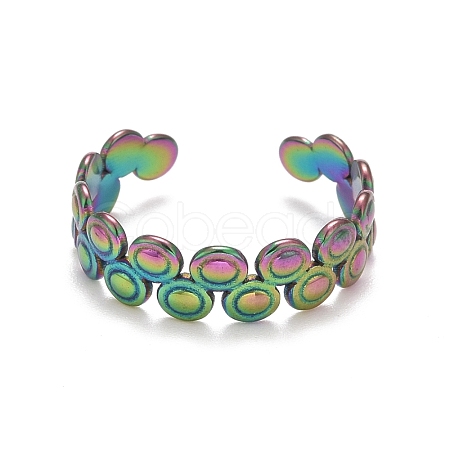 Rainbow Color Ion Plating(IP) 304 Stainless Steel Flat Round Wrap Open Cuff Ring for Women RJEW-A005-34MC-1