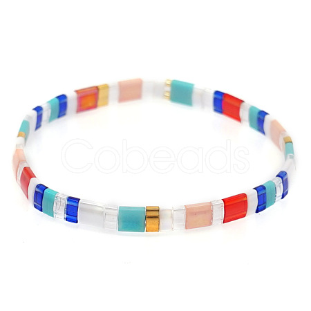Bohemian Rainbow Glass Flat Double-Hole Bead Striped Women's Stretch Bracelets for Women QS8192-4-1