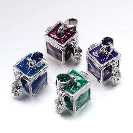 Cube with Flower Pattern Rack Plating Brass Enamel Prayer Box Pendants KK-L101-04-1