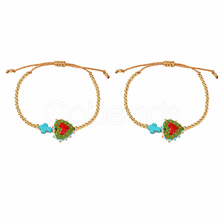 2Pcs 2 Colors Dyed Synthetic Turquoise Cross and Glass Heart Braided Bead Bracelets for Women PE0777-7-1
