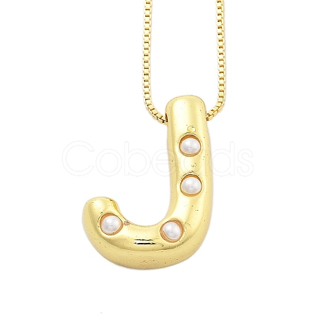 Brass & Plastic Pearl Letter Pendant Box Chain Necklaces for Women NJEW-U017-01G-10-1