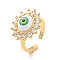 Cubic Zirconia Sun with Evil Eye Open Cuff Ring with Acrylic, Real 18K Gold Plated Brass Jewelry for Women, Cadmium Free & Lead Free, Lawn Green, US Size 6 1/2(16.9mm)