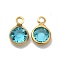 Ion Plating(IP) 304 Stainless Steel with Glass Charms, Real 18K Gold Plated, Faceted Flat Round, Cyan, 9.5x6.5x2mm, Hole: 1.5mm