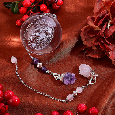 SUPERFINDINGS 2 Strands 2 Style Rough Natural Amethyst & Rose Quartz Dowsing Pendulums FIND-FH0003-14-1