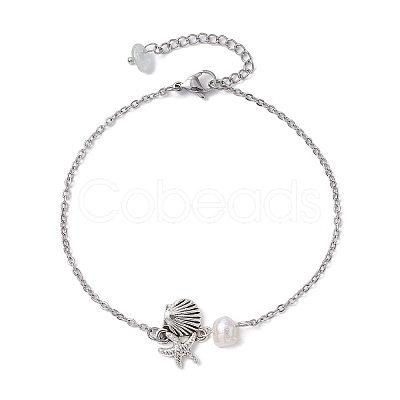 3Pcs 3 Style Turtle & Shell & Starfish Alloy Link Anklets Set with 304 Stainless Steel Cable Chains AJEW-AN00550-1