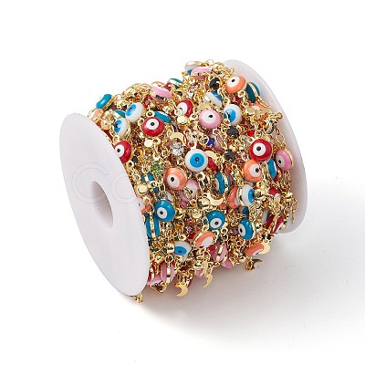 Enamel Evil Eye & Glass Flat Round Link Chains CHC-C003-22G-01-1