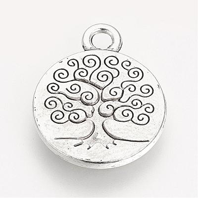 Tibetan Style Alloy Flat Round with Tree Pendants TIBEP-Q043-314-RS-1
