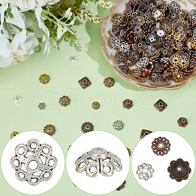 300Pcs 15 Styles Tibetan Style Alloy 4-Petal Bead Caps TIBE-PA0001-21-1