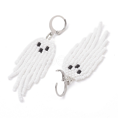 Halloween Woven MIYUKI Seed Beads Ghost Hoop Earrings EJEW-JE05854-01-1