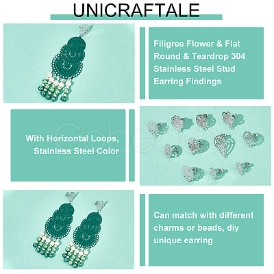 24Pcs 12 Style Filigree Flower & Flat Round & Teardrop 304 Stainless Steel Stud Earring Findings STAS-UN0047-98-1