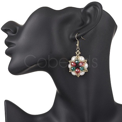 Christmas Flower Glass & Shell Pearl & Glass Seed Dangle Earrings EJEW-TA00719-1