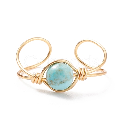 Synthetic Turquoise Round Beaded Open Cuff Ring RJEW-TA00041-04-1