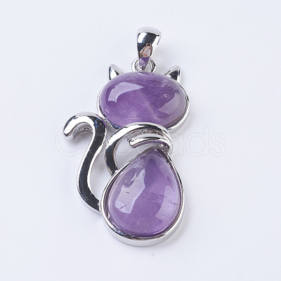 Natural Amethyst Kitten Pendants G-P352-B06-1
