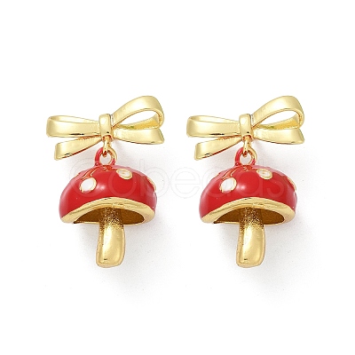 Mushroom with Bowknot Brass Enamel Dangle Stud Earrings EJEW-F895-25B-G-1