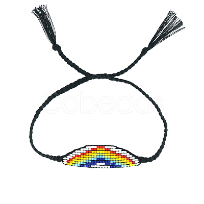 Glass Seed Wide Band with Rainbow Pattern Friendship Link Bracelet for Women BJEW-P269-15-1