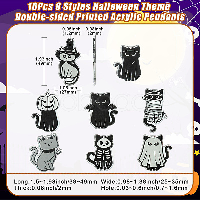 16Pcs 8 Styles Halloween Theme Double-sided Printed Acrylic Pendants OACR-CJ0002-08-1